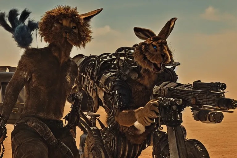 Image similar to a good ol'jackrabbit fursona ( from the furry fandom ), heavily armed and armored facing down armageddon in a dark and gritty version from the makers of mad max : fury road. witness me.