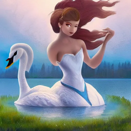 Image similar to a princess riding a giant swan in the lake, trending on artstation