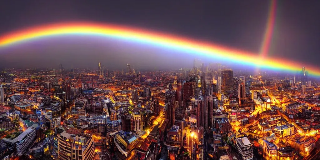 Prompt: a huge city landscape with a dawn mood, many rainbows in the background, incredible digital art, many rainbows, wide angle,
