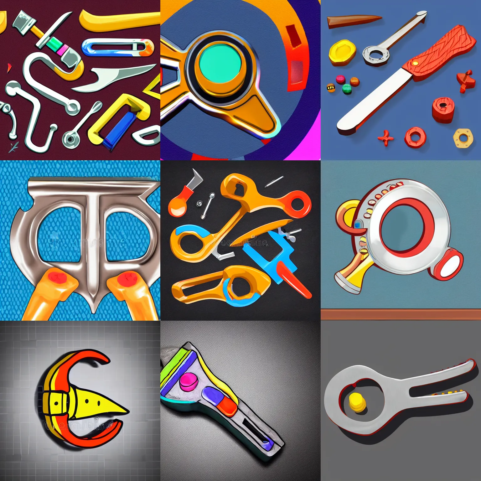 Prompt: a game item simple steel wrench with cartoon shape, detailed illustration of an object with handpainted textures, rpg game style, center, rim lights and glow, colorful, high depth and details