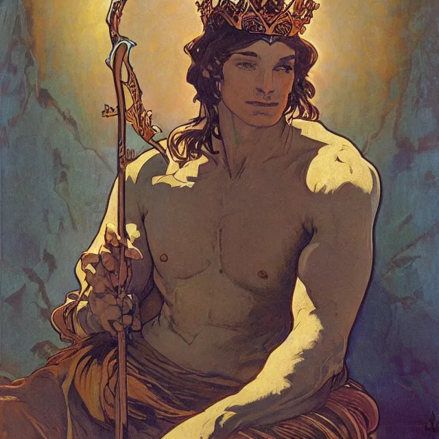 Image similar to an aesthetic! a detailed portrait of a man with a crown, holding a scepter by frank frazetta and alphonse mucha, oil on canvas, art nouveau dungeons and dragons fantasy art, hd, god rays, ray tracing, crisp contour lines, huhd