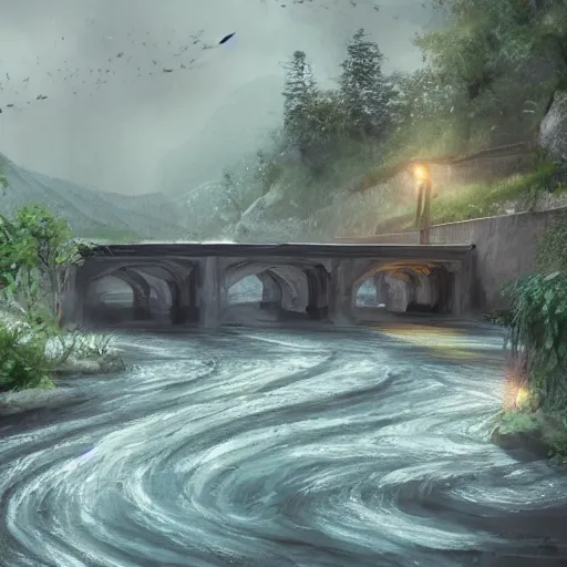 Prompt: a river flowing under a bridge, concept art by nina tryggvadottir