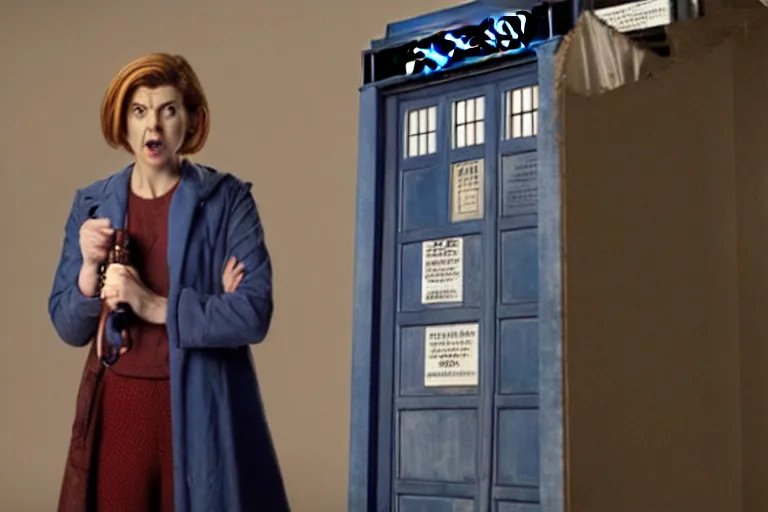 Image similar to doctor who, woman as a mad dentist in the tardis