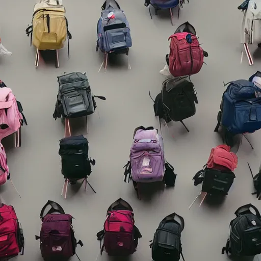 Prompt: a giant mountain of backpacks and girls, margiela campaign, cinematic lighting, hd vfx