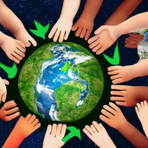 Image similar to earth ecosystem, children around the earth, recycle, hands around the earth