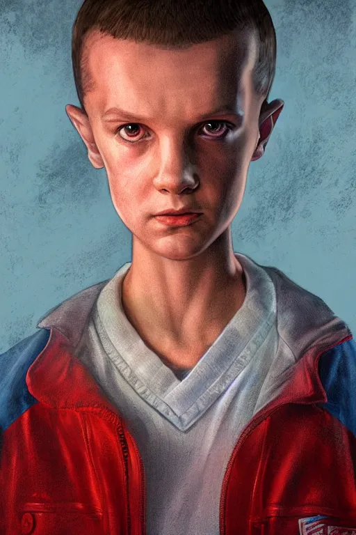 Prompt: a beautiful digital portrait painting of eleven from stranger things, by Craig Mullins. Volumetric light. Symmetry.