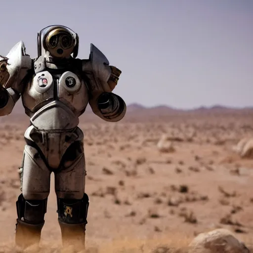 Image similar to award winning photograph of barack obama wearing fallout t - 5 1 b power armor in the mojave desert