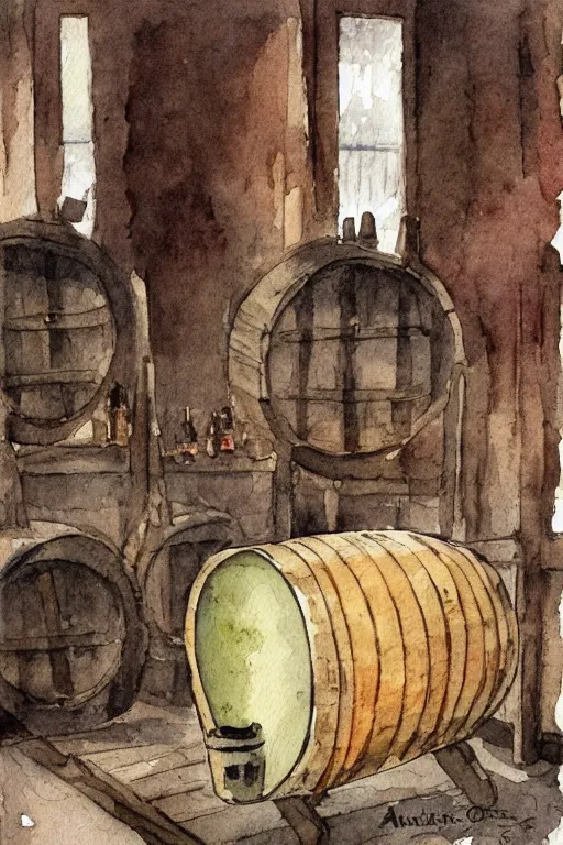 Image similar to pork schnapps wine candle on a barrel in a cellar, watercolor painting by anderz zorn and carl larsson