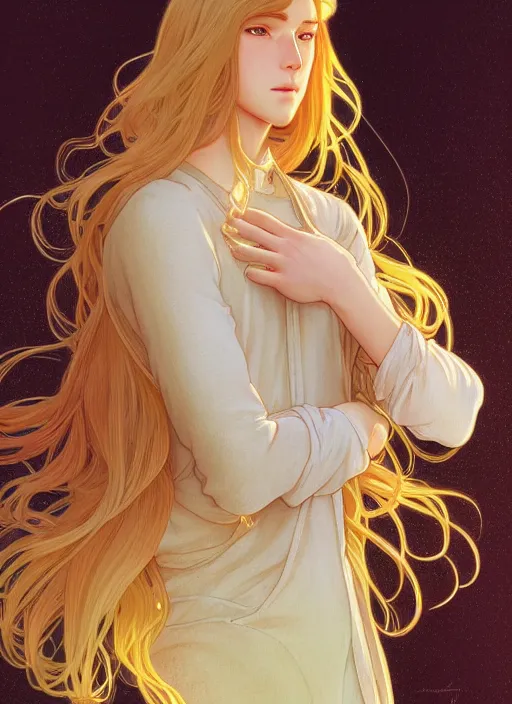 Image similar to pretty young man with shoulder length shiny shimmering golden blond hair, half body shot, path traced, highly detailed, high quality, digital painting, by studio ghibli and alphonse mucha, leesha hannigan, hidari, disney