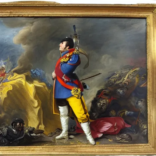 Image similar to Volodymyr Zelensky at war, dressed like Napoleon Bonaparte, sitting on the ground between dead corpses and weeping, holding a half burnt blue and yellow flag of Ukraine, sharp focus, in the style of Peter Paul Rubens