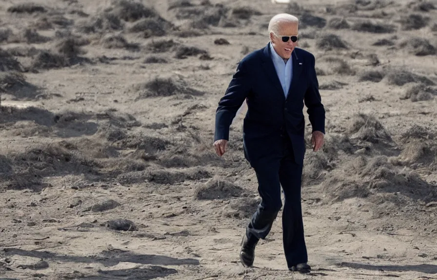 Prompt: a color photo of joe biden walking in a wasteland