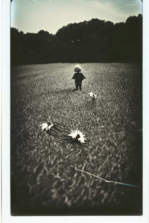 Prompt: photo polaroid of sad and lonely childin the middle of a country road holding the thread of a kite many flowers in the fields , loneliness, black and white ,photorealistic, 35mm film,