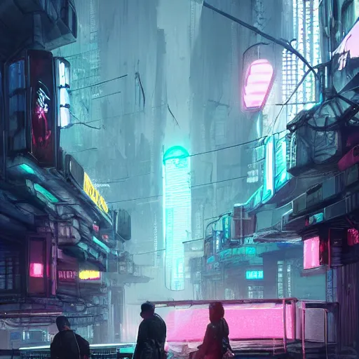 Image similar to concept art environment design of dystopian cyberpunk city with neon lights, people on the streets being monitored by drones, trending on artstation, painted by dreadjim, eddie mendoza, wlop