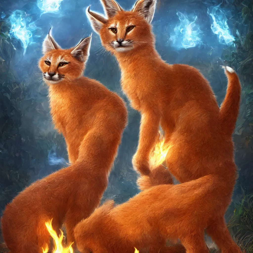 Prompt: many cute fluffy caracals, fire, magic, fantasy epic legends stylized digital illustration radiating a glowing aura global illumination ray tracing hdr fanart arstation, 8 k