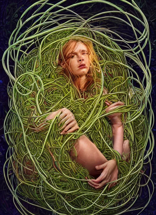 Prompt: a beautiful person trapped in the fetal position inside of extremely thick vines intertwined, central circular composition, high saturation, epic lighting, in the style of Peter gric and Hannah yata 8k