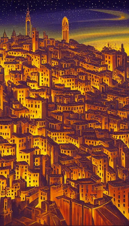 Prompt: The starlit city of wisdom and dreams at sunset, italian futurism, da vinci, Josan Gonzalez