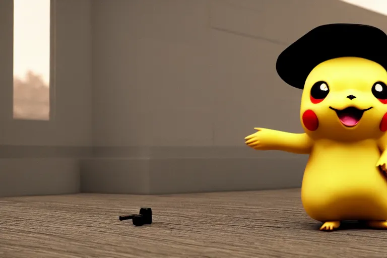 Prompt: hyperrealism simulation hyperrealism pikachu wearing hyperrealism tuxedo and smoking, fishing in hyperrealism scene from hyperrealism cyberpunk movie with many details by wes anderson and denis villeneuve and mike winkelmann rendered in blender and octane render