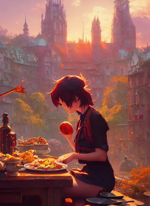 Prompt: highly detailed food wars, stephen bliss, unreal engine, fantasy art by greg rutkowski, loish, rhads and lois van baarle, ilya kuvshinov, rossdraws, tom bagshaw, alphonse mucha, global illumination, detailed and intricate environment