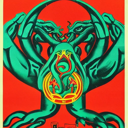 Image similar to Soviet propaganda poster about Cthulhu