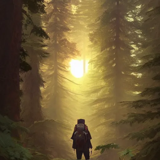 Image similar to explorer detailed man with backpack standing at a forest looking for adventure in the mountains, tall trees, landscape is lush, moody sunset in background, greg rutkowski, alphonse mucha, trending on artstation, artgerm, unreal engine, breathtaking, award winning, highly detailed w 1 0 2 4