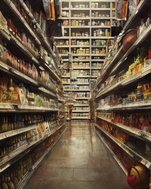 Prompt: gandalf stacking supermarket shelves greg rutkowski, esuthio, craig mullins, cinematic lighting, gloomy