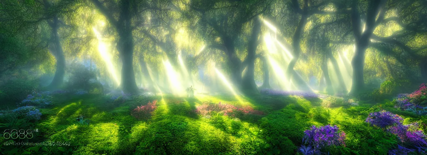 Image similar to photograph of enchanted garden, mist with rays of light by marc adamus, highly detailed, intricate detail, cinematic lighting, 8 k,