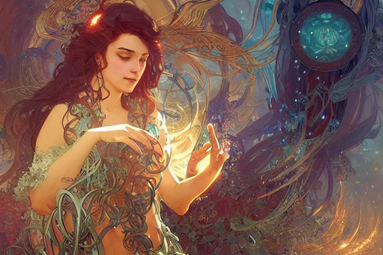 Image similar to a garden of sound, arcs of fiery neon light, swirling mystical particles and musical notes floating, beautiful, intricate, highly detailed concept art by artgerm and greg rutkowski and alphonse mucha