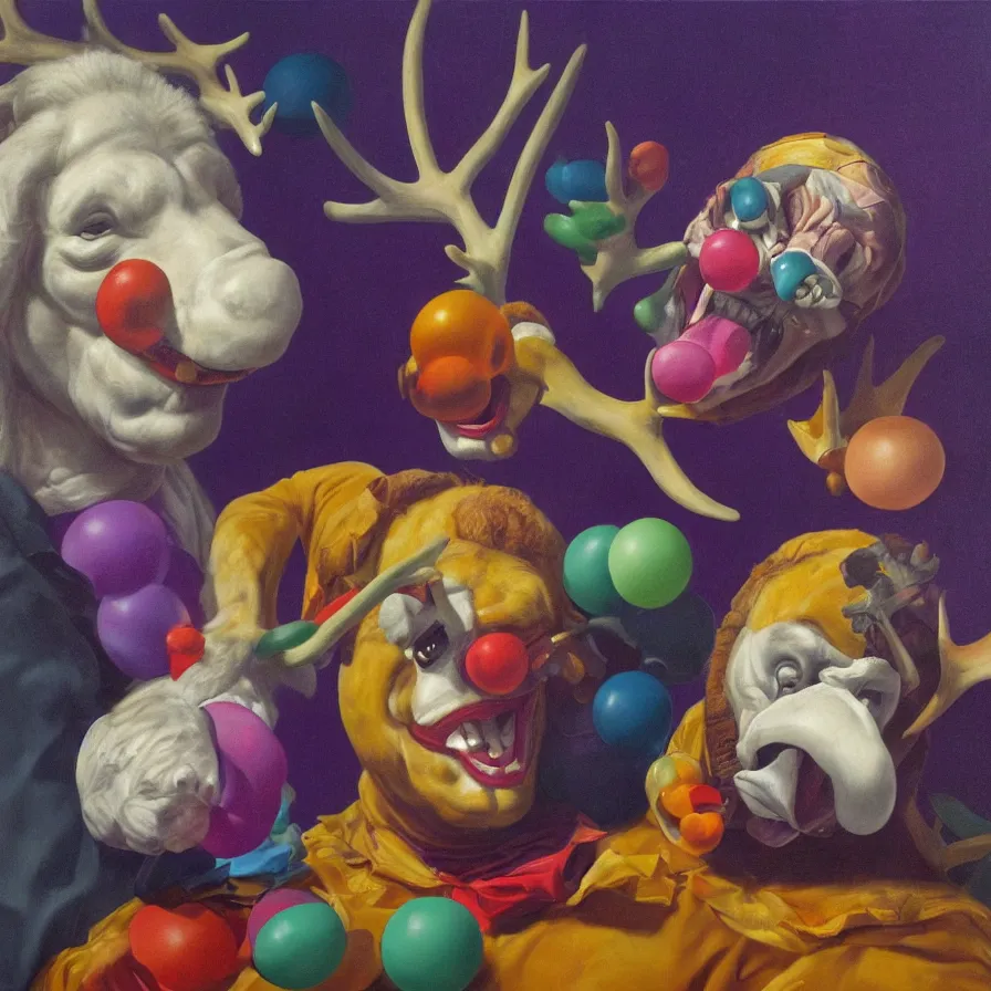 Image similar to rare hyper realistic portrait painting by italian masters, symmetrical composition, studio lighting, brightly lit purple room, a blue rubber duck with antlers laughing at a giant laughing white bear with a clown mask