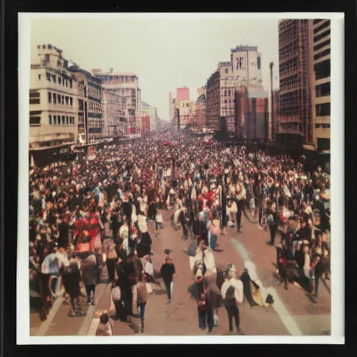 Image similar to wide - shot low angle of people in the busy street, polaroid photo, by andy warhol