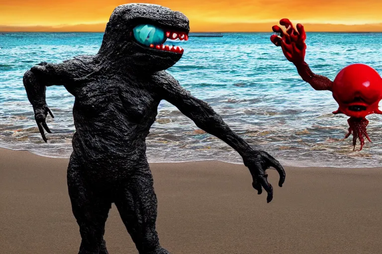 Prompt: 2 0 2 0 sighting of a mutated plastic monster with the face of capitalism rising out of the water on the beach, monster ashore, highly detailed, cinematic,