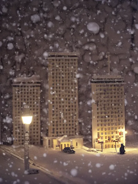 Image similar to mega detailed miniature diorama a soviet residential building, brutalism architecture, suburban, warm lights are on in the windows, man lies in the snow, dark night, fog, winter, blizzard, cozy and peaceful atmosphere, row of street lamps with warm orange light, several birches nearby, 1 9 9 0