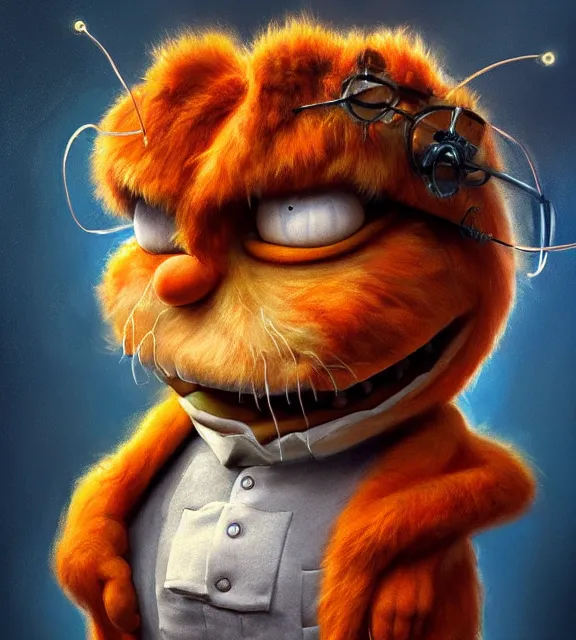 Prompt: cute anthropomorphic garfield as frankenstein, smiling, perfect face, orange fur, bolts, cinematic, elegant, highly detailed, psychedelic, digital painting, artstation, smooth, hard focus, illustration, art by jessica rossier and and brian froud