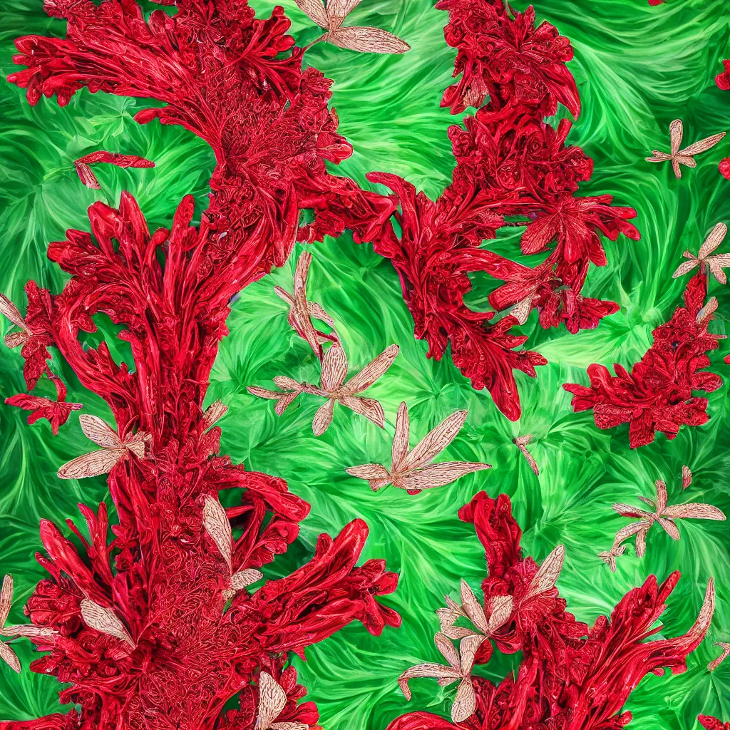 Image similar to high fashion haute couture scaled bananas with dragonflies, and form a complex fractal vegetable foliage, with red petals and shiny stems, mesh roots, hyper real, food photography, high quality