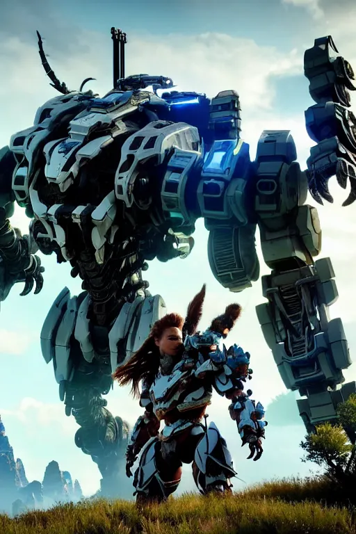 Image similar to a cinematic still from horizon zero dawn and pacific rim and westworld, full body mech, armored core, intact humanoid servo, octane render, nvidia raytracing demo, masterpiece, aged armor plating, decipticon armor plating, aggressive head, endoekeleton exposure