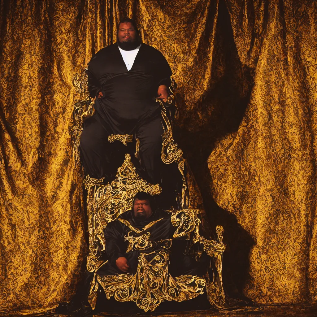 Image similar to Large black man sitting on throne wrapped in silk, background made of large folding curtains, dimly lit, dark, blacklight photography