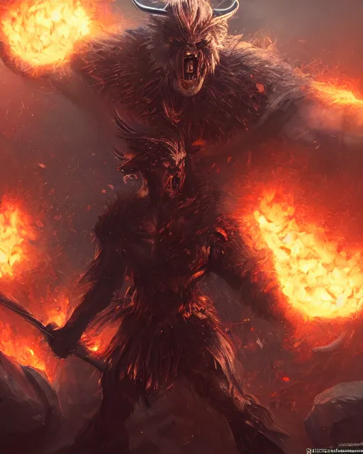 Image similar to oil painting of Angry Donald Trump Berserker, wearing fur armor, claws, sharp focus, attack pose, fantasy style, octane render, volumetric lighting, 8k high definition, by greg rutkowski, highly detailed, trending on art Station, magic the gathering artwork, burning Battlefield background, centered