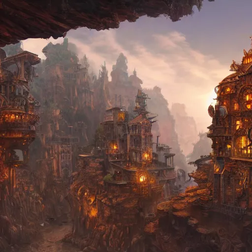 Prompt: an intricate steampunk village in a glorius canyon, morning light, moebius, zeen chin, landscape, cinematic, matte painting, high definition, 8 k, artstation