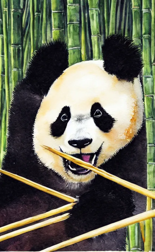 Image similar to a watercolor painting of a panda eating bamboo, dynamic lighting, photorealistic, ambient lighting, atmospherical, stunning visuals, trending on art station