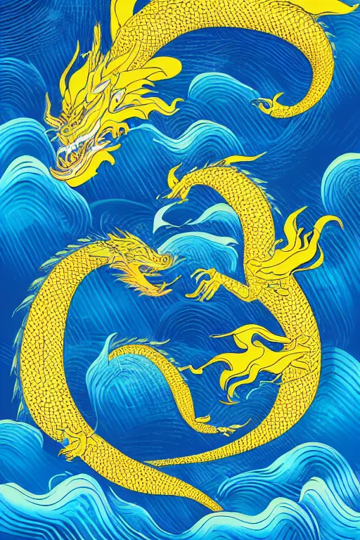 Image similar to Japanese poster art of a Asian dragon in front of a wavy sea during a thunderstorm, adobe illustrator, blue and yellow colour scheme, 4k, abstract design,