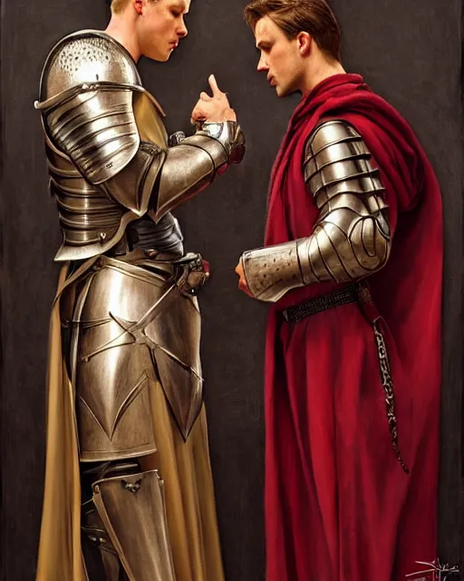 Image similar to attractive arthur pendragon confesses his love to his attractive male knight, they are close to each other, in a quiet moment, they are wearing robes, highly detailed, very intricate, cinematic lighting, by donato giancola and rossdraws and magali villenueve, j. c. leyendecker, featured on artstation