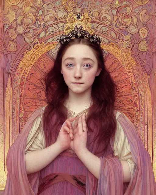 Image similar to a portrait painting of a shy, blushing princess resembling 1 4 - year old saoirse ronan in a tiara and an iridescent art nouveau gown watching the lantern festival, intricate, elegant, highly detailed, artstation, concept art, by krenz cushart and artem demura and william adolph bouguereau and alphonse mucha