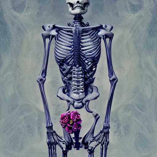 Prompt: biomorphic painting of a skeleton with flowers, au naturel, hyper detailed, digital art, trending in artstation, cinematic lighting, studio quality, smooth render, unreal engine 5 rendered, octane rendered, art style by klimt and nixeu and ian sprigger and wlop and krenz cushart