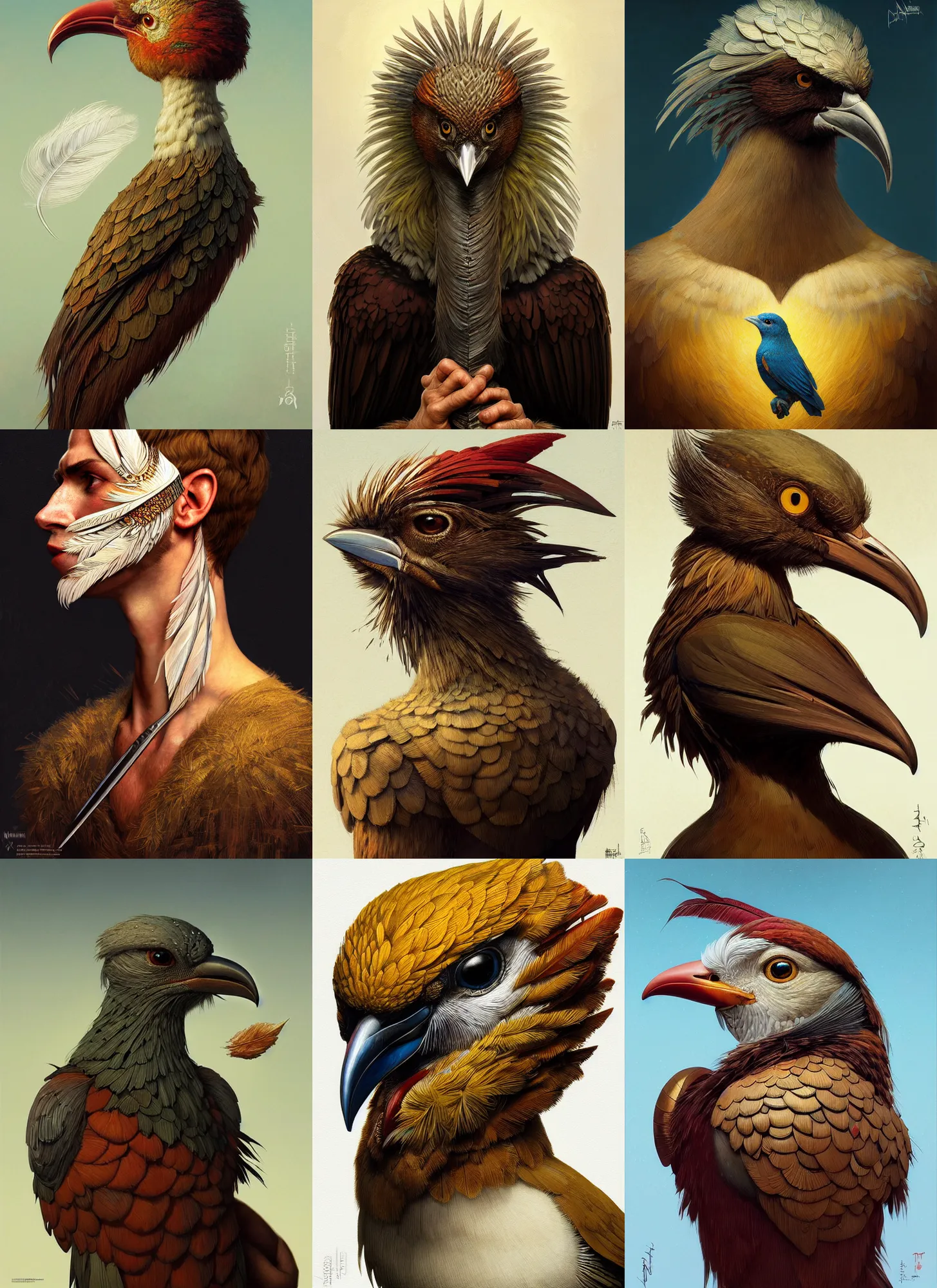 Prompt: rpg! profile!! portrait of humanoid bird on white background, beak, feathers, magic the gathering, intricate, highly detailed, digital painting, artstation, concept art, smooth, sharp focus, illustration, art by norman rockwell emiliano ponzi andrey remnev yoann lossel aaron jasinski, 8 k