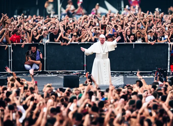 Prompt: photo still of pope francis at the vans warped tour!!!!!!!! at age 3 6 years old 3 6 years of age!!!!!!!! stage diving into the crowd, 8 k, 8 5 mm f 1. 8, studio lighting, rim light, right side key light