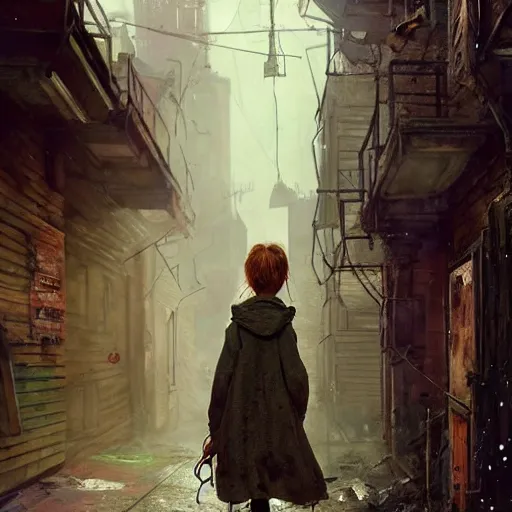 Image similar to sadie sink in oversized hoodie quickly runs by us | a scary robot runs towards us | background : alleyway near decaying tenements. concept art for scifi dystopian film. by nikolay makovsky, bob byerley, wadim kashin, andrea kowch. cinematic moody atmosphere, detailed and intricate, perfect anatomy