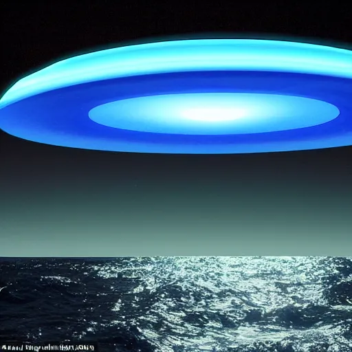 Prompt: a ufo in the shape of a saucer with no apparent propulsion system, glowing in a blue light, photographed above sea water with waves