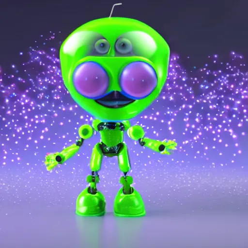 Image similar to single crazy melting plastic toy Pop Figure Robot, C4d, by pixar, by dreamworks, in a Studio hollow, surrounded by flying particles