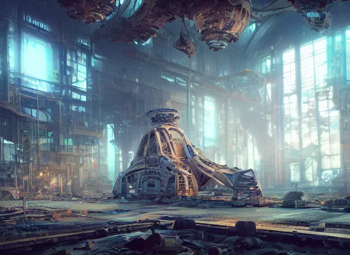 Image similar to an alter in futuristic solarpunk space ship factory in crumbling ruins, intricate detail, volumetric lighting, epic composition, hyper detailed, ultra realistic, sharp focus, octane render, volumetric, ray tracing, artstation trending, cgsociety, sense of awe, 4 k