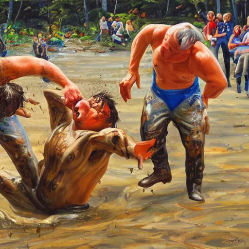 Image similar to 3 drunks fall over mud - wrestling,, oil painted ( ( ( ( ( ( by jeef koons ) ) ) ) ) )