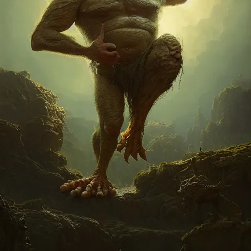 Image similar to a hyperrealistic illustration of a mix of an oger and giant and goblin, 8 k ultra realistic creature, detailed intricate, with fractal sunlight, award - winning, masterpiece, in the style of tom bagshaw, cedric peyravernay, peter mohrbacher